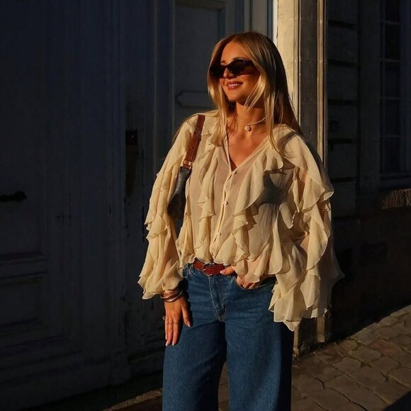 Tan Casual Women's Ruffle Trim Lantern Blouse Shirt - Picture 7 of 10